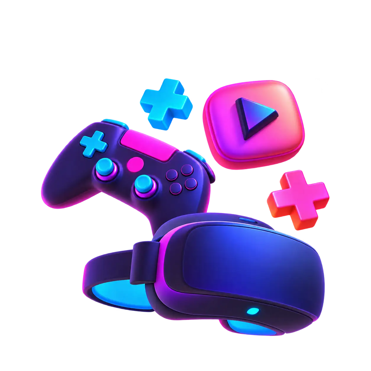 A game controller, play button and virtual reality headset