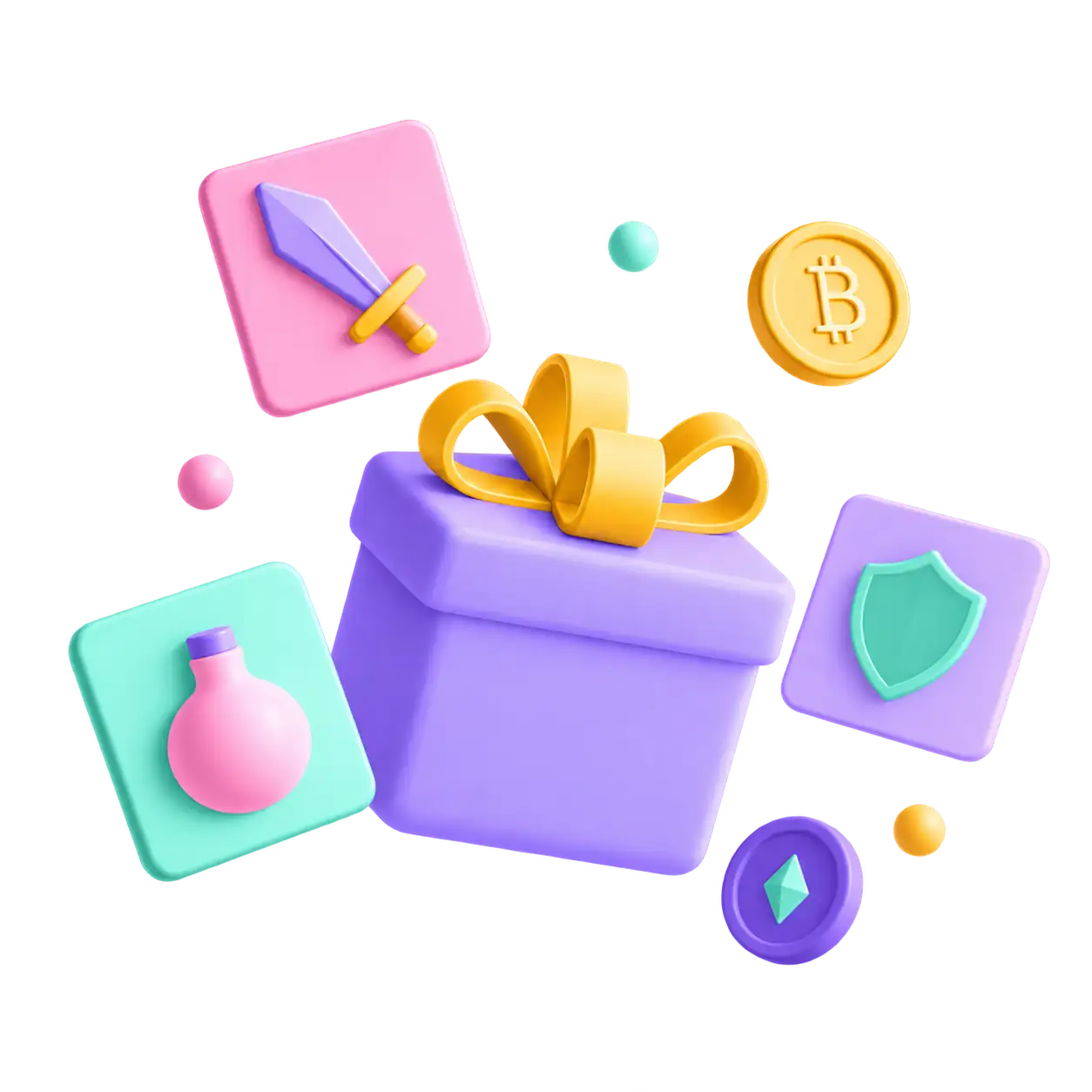 A gift surrounded by coins and game items