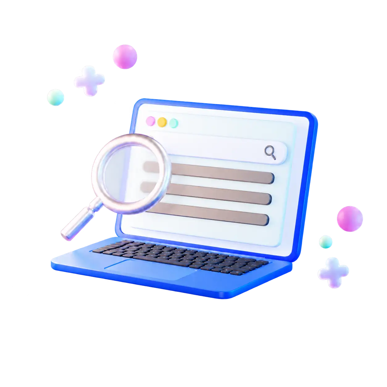 A laptop and magnifying glass representing surveys