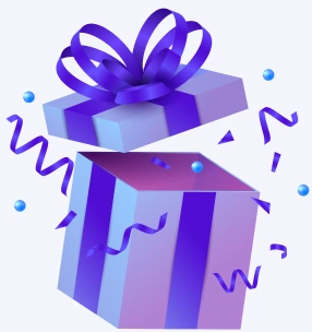 An open purple gift with ribbons and confetti